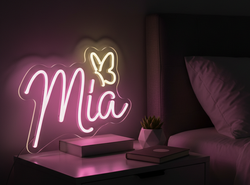 A glowing pink neon-style wall sign reading “Mia” with a butterfly outline, placed on a bedside table next to a bed in a dark bedroom.