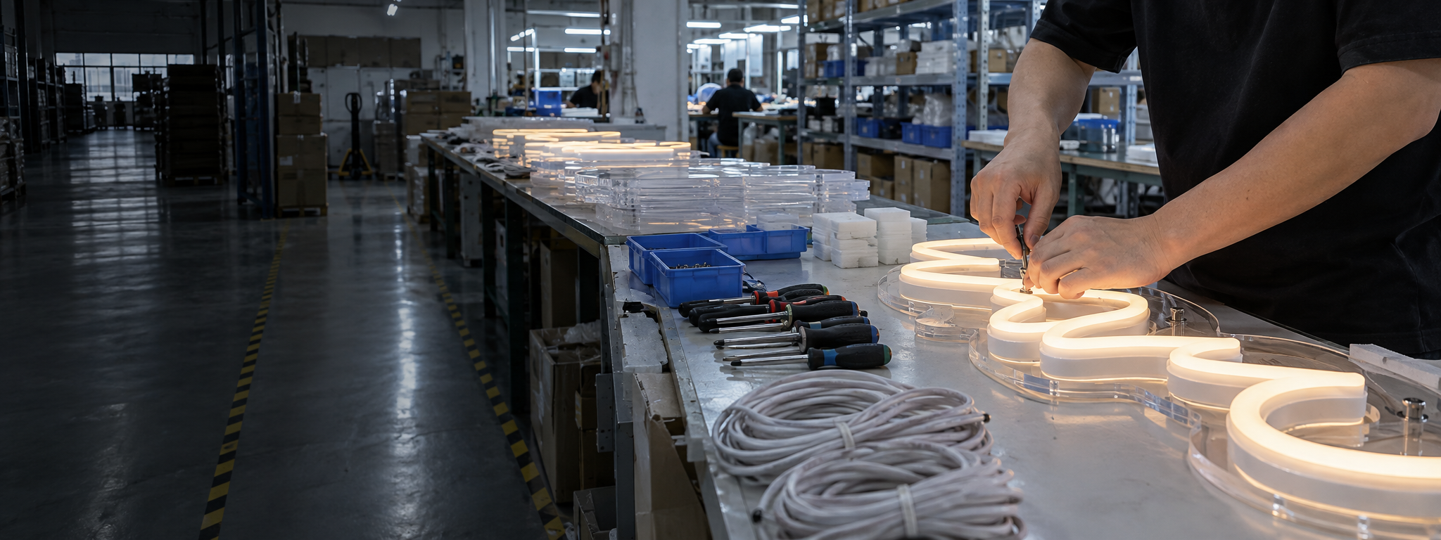 Gloved hands assembling a custom LED neon sign