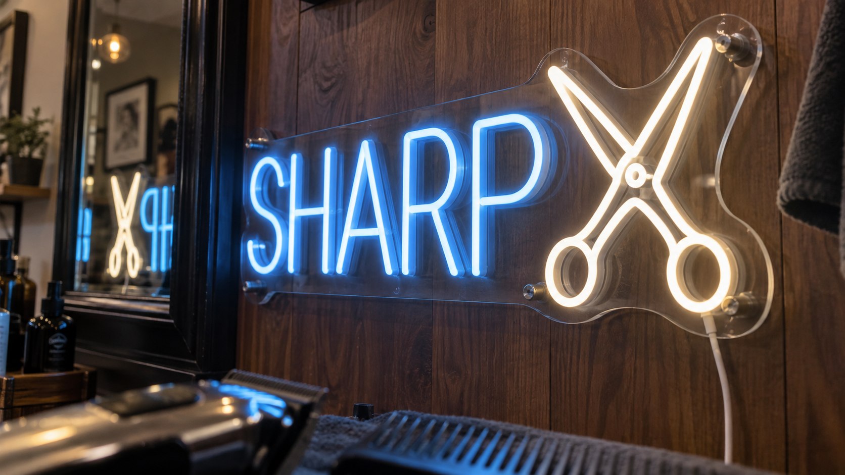 Sharp custom LED neon sign in a barber shop