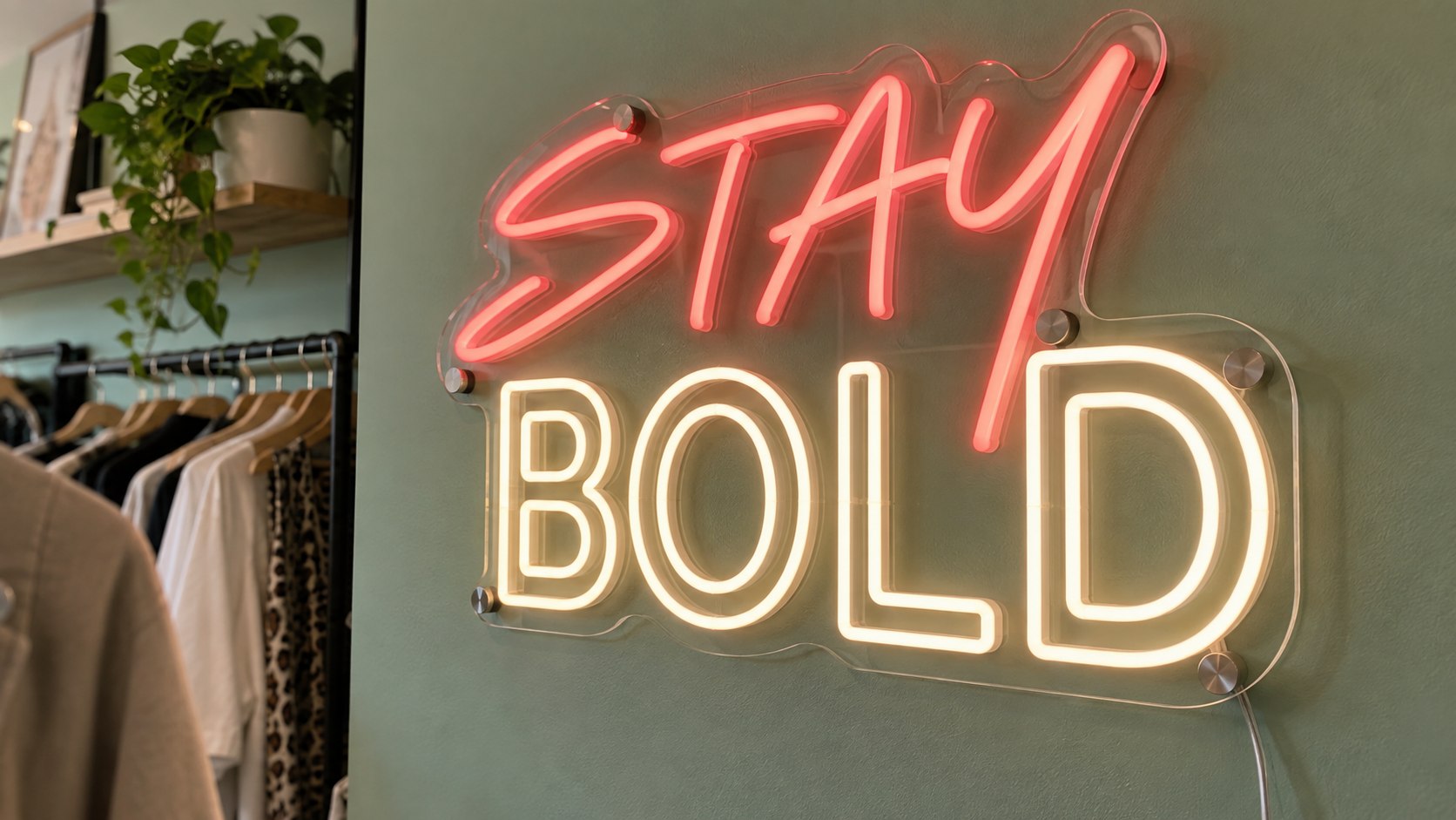 Stay Bold custom LED neon sign in a fashion boutique