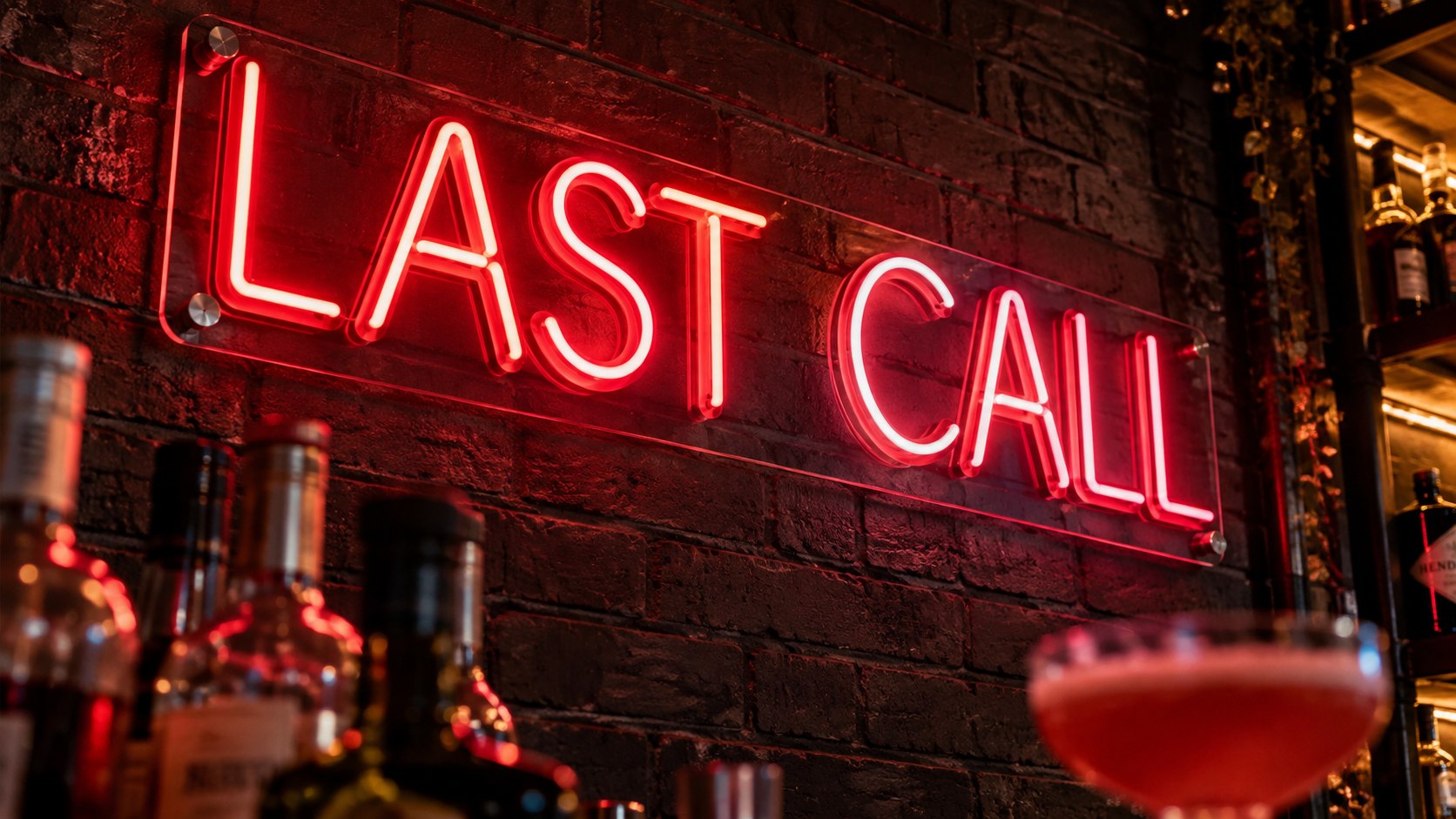 Last Call custom LED neon sign in a cocktail bar